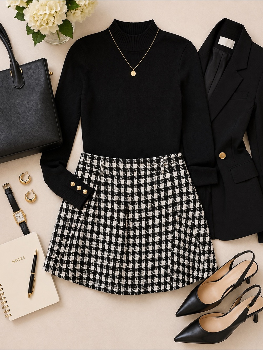 RNWY Black White Houndstooth Bubble Mini Skirt